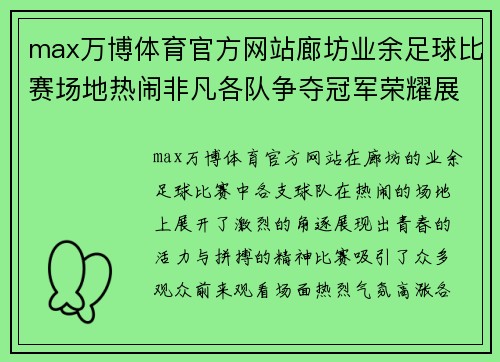 max万博体育官方网站廊坊业余足球比赛场地热闹非凡各队争夺冠军荣耀展现青春风采